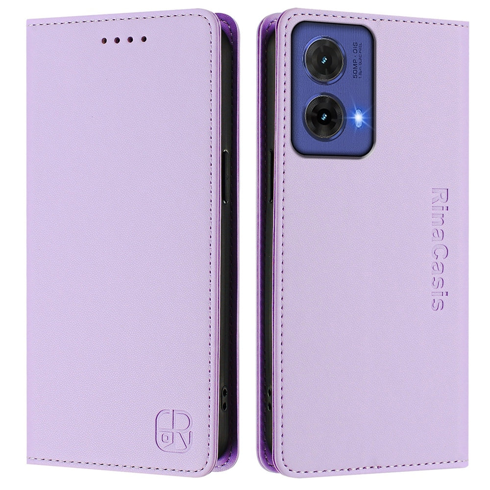 Motorola Moto G85 Dual-Folded Magnetic Suction RFID Blocking PU Leather Wallet Phone Case with Card Slots, Cash Pocket, Kickstand, Full Protective Flip Cover