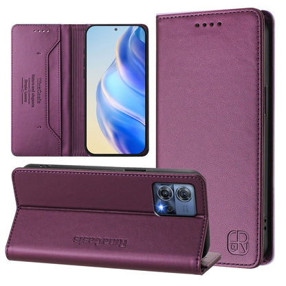 Motorola Edge 30 Fusion Dual-Folded Magnetic Suction RFID Blocking PU Leather Wallet Phone Case with Card Slots, Cash Pocket, Kickstand, Full Protective Flip Cover