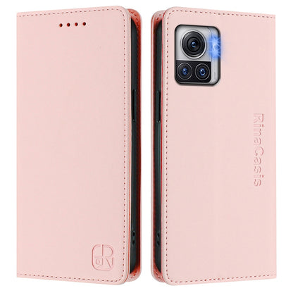 Motorola Edge 30 Ultra Dual-Folded Magnetic Suction RFID Blocking PU Leather Wallet Phone Case with Card Slots, Cash Pocket, Kickstand, Full Protective Flip Cover