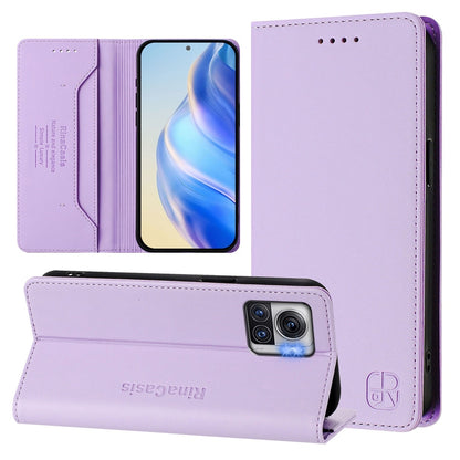 Motorola Edge 30 Ultra Dual-Folded Magnetic Suction RFID Blocking PU Leather Wallet Phone Case with Card Slots, Cash Pocket, Kickstand, Full Protective Flip Cover