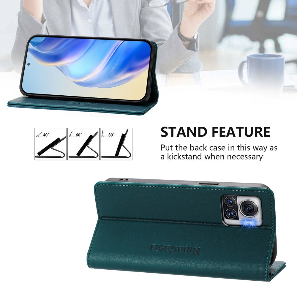Motorola Edge 30 Ultra Dual-Folded Magnetic Suction RFID Blocking PU Leather Wallet Phone Case with Card Slots, Cash Pocket, Kickstand, Full Protective Flip Cover