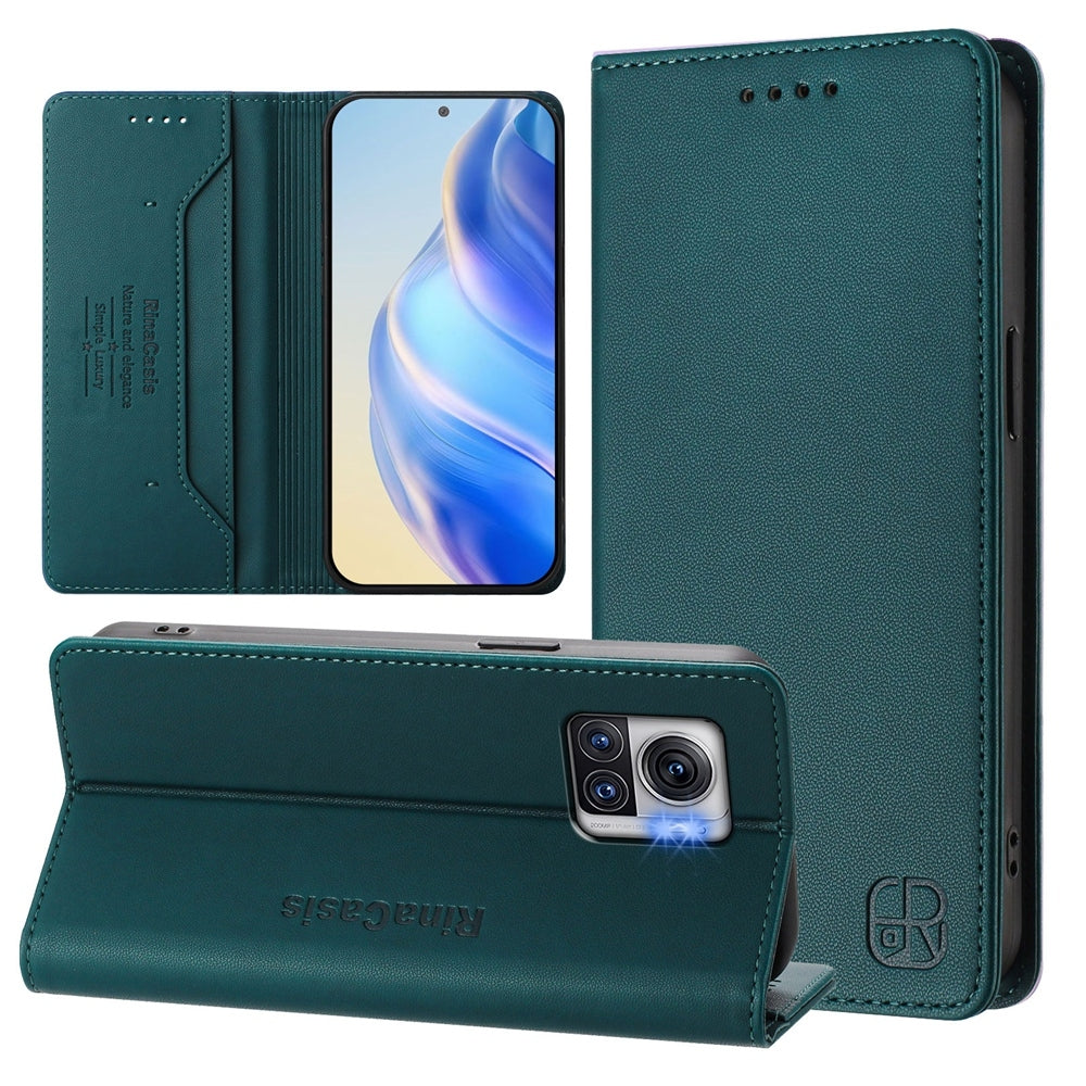 Motorola Edge 30 Ultra Dual-Folded Magnetic Suction RFID Blocking PU Leather Wallet Phone Case with Card Slots, Cash Pocket, Kickstand, Full Protective Flip Cover