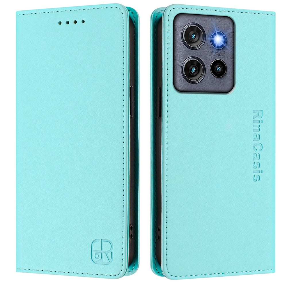 Motorola Edge 50 Neo Dual-Folded Magnetic Suction RFID Blocking PU Leather Wallet Phone Case with Card Slots, Cash Pocket, Kickstand, Full Protective Flip Cover