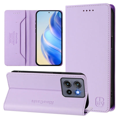 Motorola Edge 50 Neo Dual-Folded Magnetic Suction RFID Blocking PU Leather Wallet Phone Case with Card Slots, Cash Pocket, Kickstand, Full Protective Flip Cover