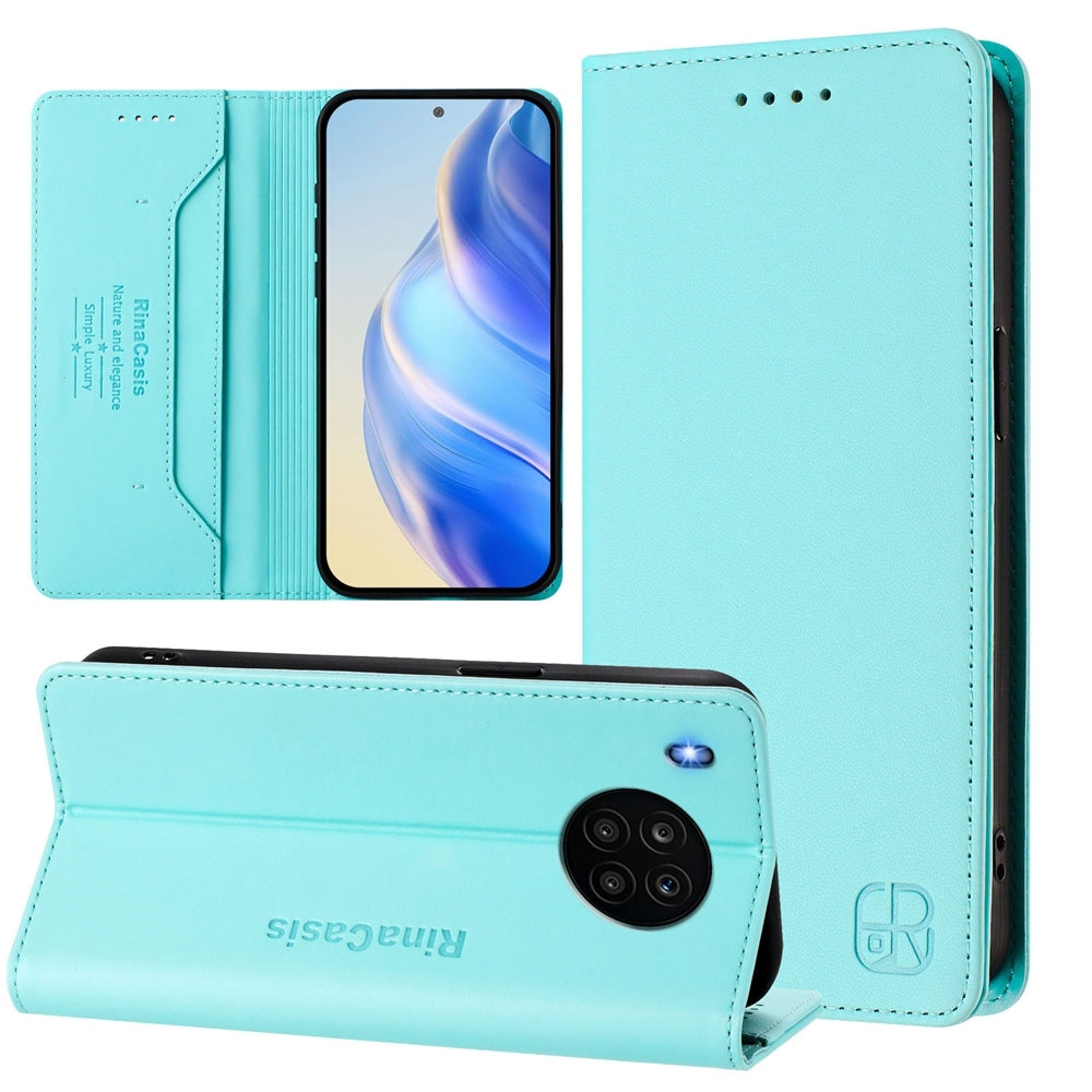 Honor 50 Lite Dual-Folded Magnetic Suction RFID Blocking PU Leather Wallet Phone Case with Card Slots, Cash Pocket, Kickstand, Full Protective Flip Cover