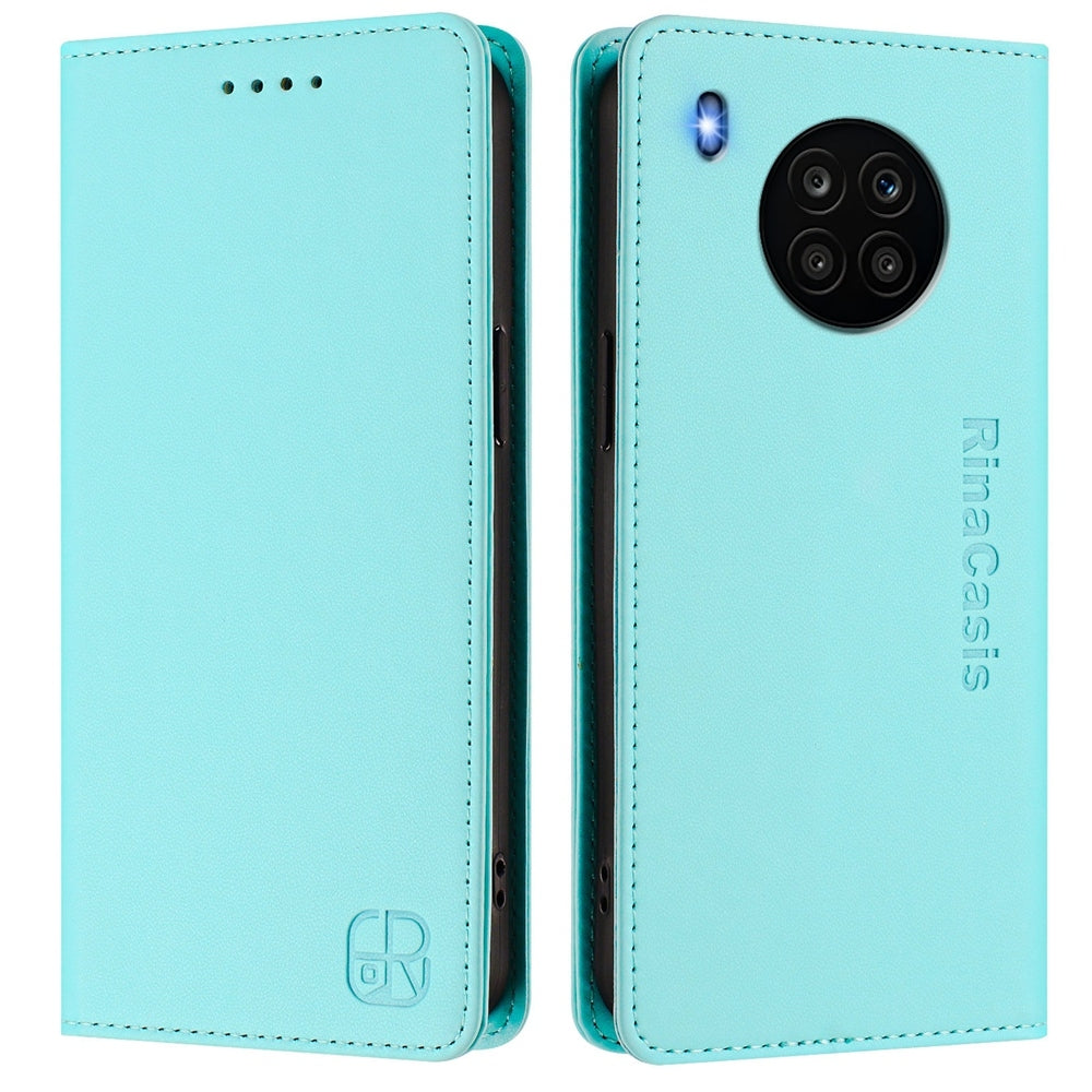 Honor 50 Lite Dual-Folded Magnetic Suction RFID Blocking PU Leather Wallet Phone Case with Card Slots, Cash Pocket, Kickstand, Full Protective Flip Cover