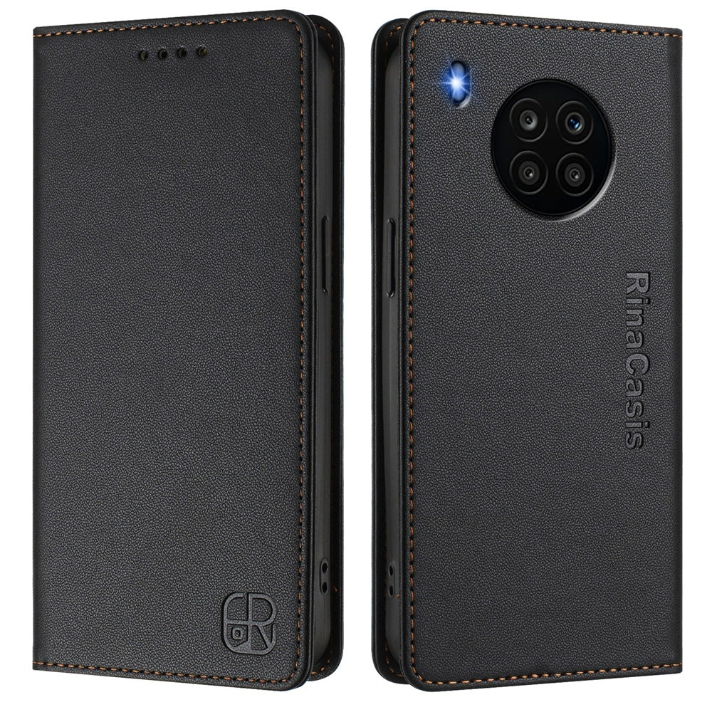 Honor 50 Lite Dual-Folded Magnetic Suction RFID Blocking PU Leather Wallet Phone Case with Card Slots, Cash Pocket, Kickstand, Full Protective Flip Cover