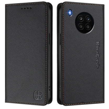 Honor 50 Lite Dual-Folded Magnetic Suction RFID Blocking PU Leather Wallet Phone Case with Card Slots, Cash Pocket, Kickstand, Full Protective Flip Cover