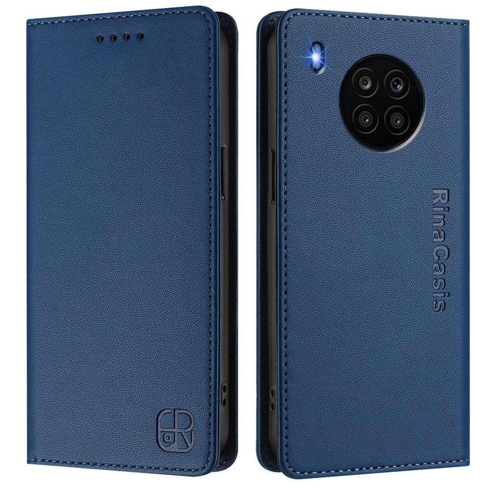 Honor 50 Lite Dual-Folded Magnetic Suction RFID Blocking PU Leather Wallet Phone Case with Card Slots, Cash Pocket, Kickstand, Full Protective Flip Cover