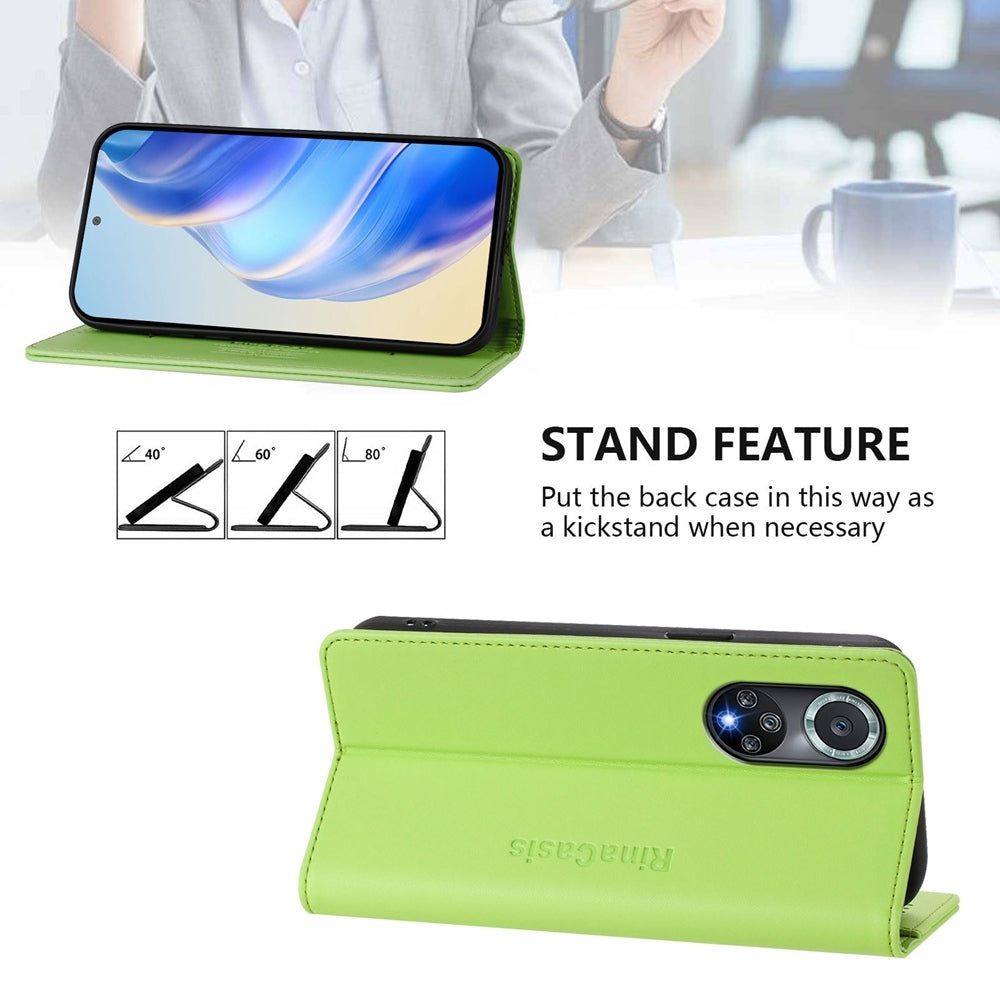 Honor 50 Pro Dual-Folded Magnetic Suction RFID Blocking PU Leather Wallet Phone Case with Card Slots, Cash Pocket, Kickstand, Full Protective Flip Cover