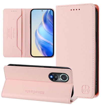 Honor 50 Pro Dual-Folded Magnetic Suction RFID Blocking PU Leather Wallet Phone Case with Card Slots, Cash Pocket, Kickstand, Full Protective Flip Cover