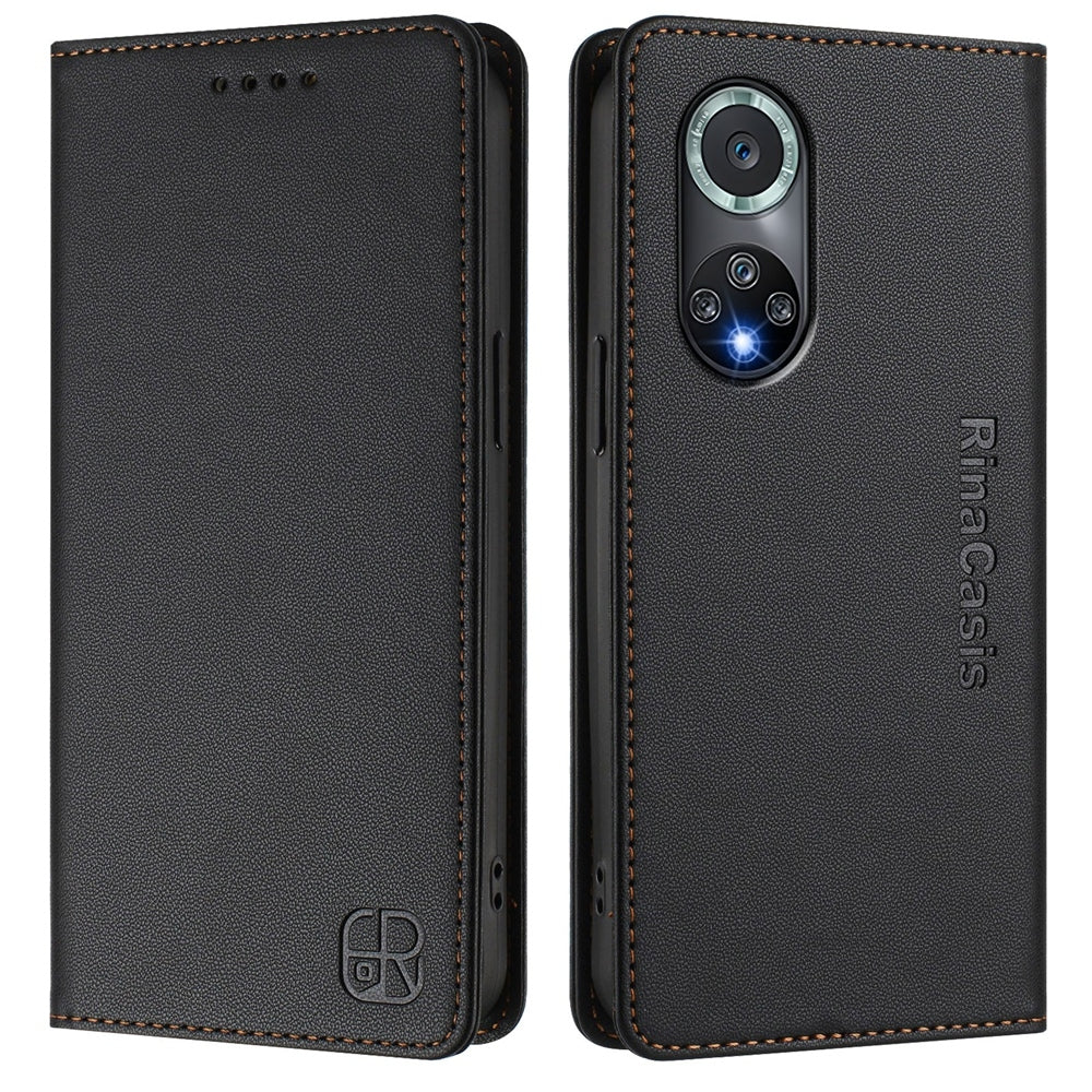 Honor 50 Pro Dual-Folded Magnetic Suction RFID Blocking PU Leather Wallet Phone Case with Card Slots, Cash Pocket, Kickstand, Full Protective Flip Cover