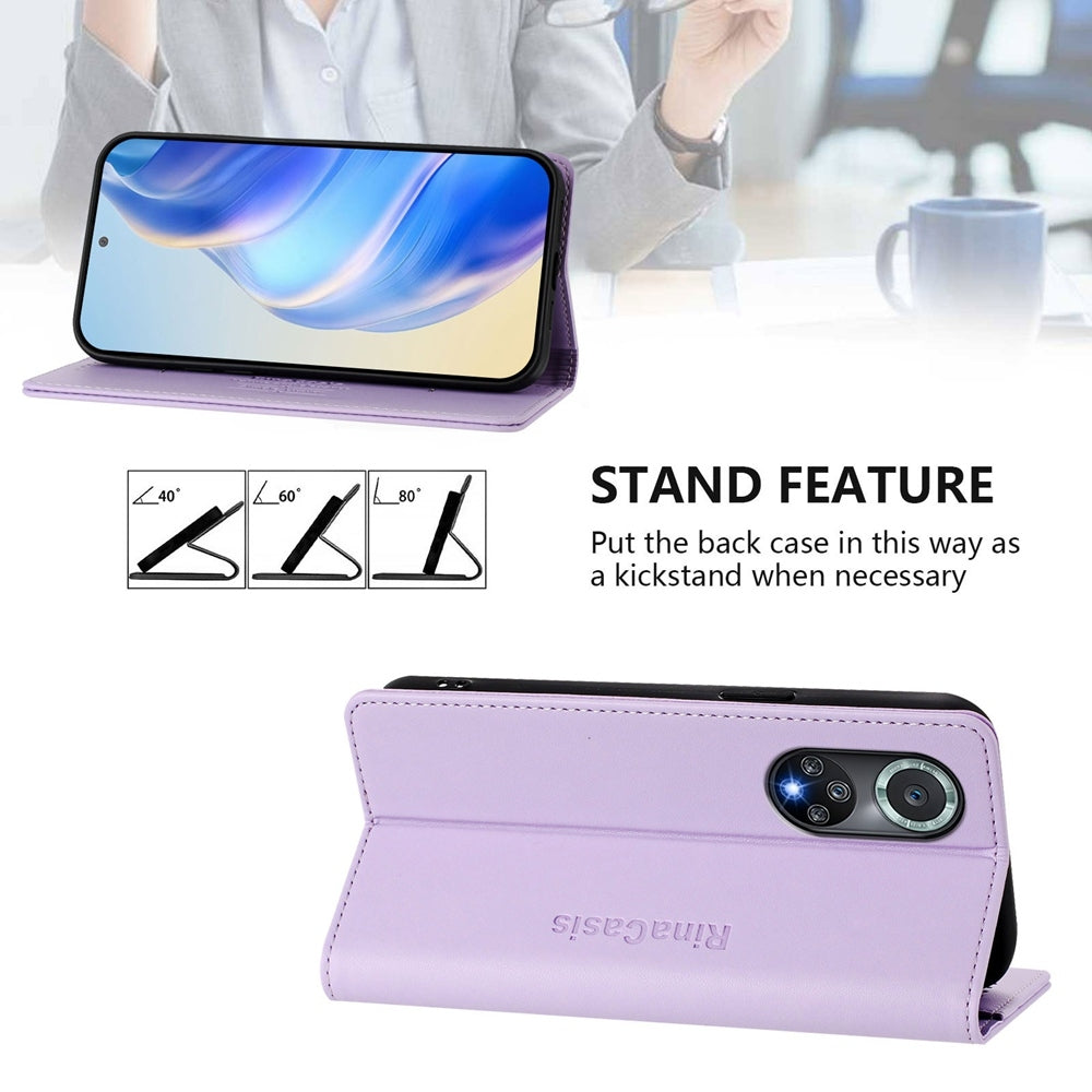Honor 50 Pro Dual-Folded Magnetic Suction RFID Blocking PU Leather Wallet Phone Case with Card Slots, Cash Pocket, Kickstand, Full Protective Flip Cover