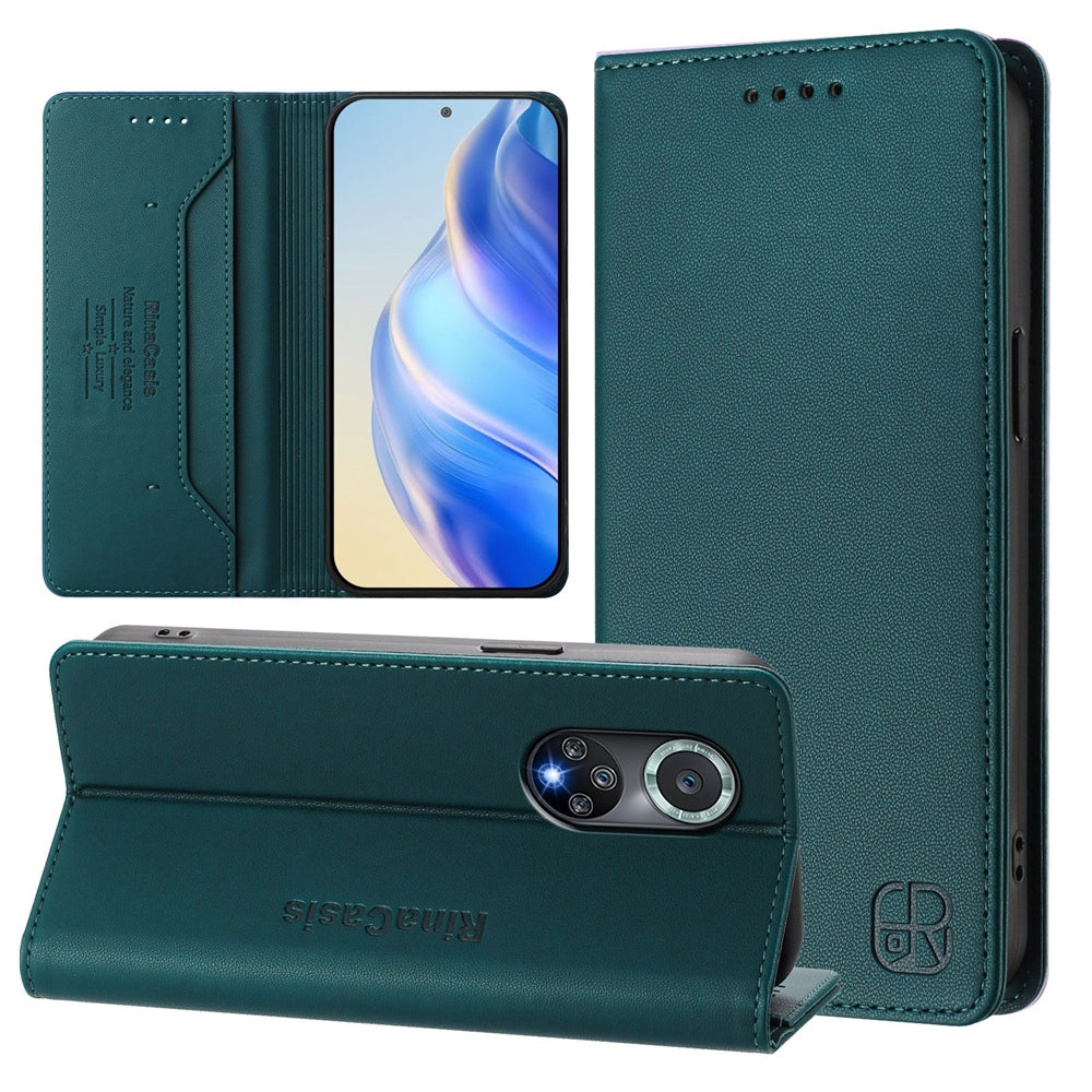 Honor 50 Pro Dual-Folded Magnetic Suction RFID Blocking PU Leather Wallet Phone Case with Card Slots, Cash Pocket, Kickstand, Full Protective Flip Cover