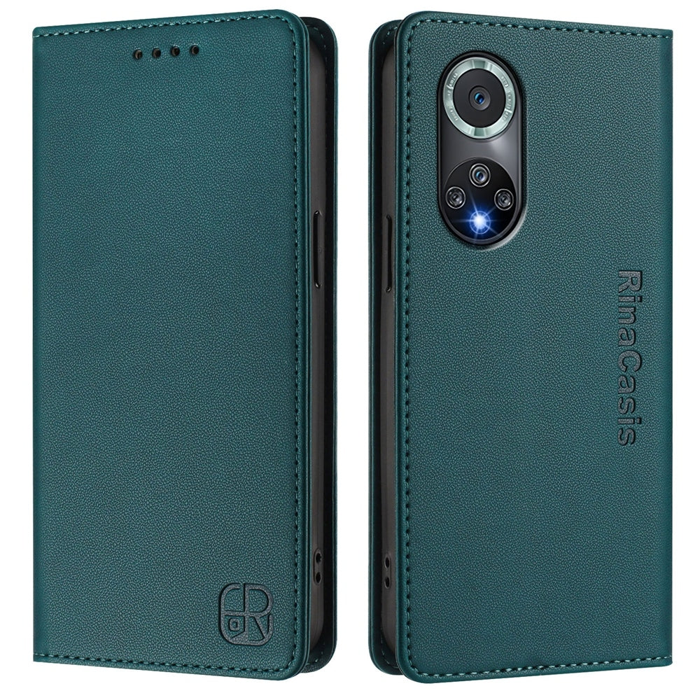 Honor 50 Pro Dual-Folded Magnetic Suction RFID Blocking PU Leather Wallet Phone Case with Card Slots, Cash Pocket, Kickstand, Full Protective Flip Cover