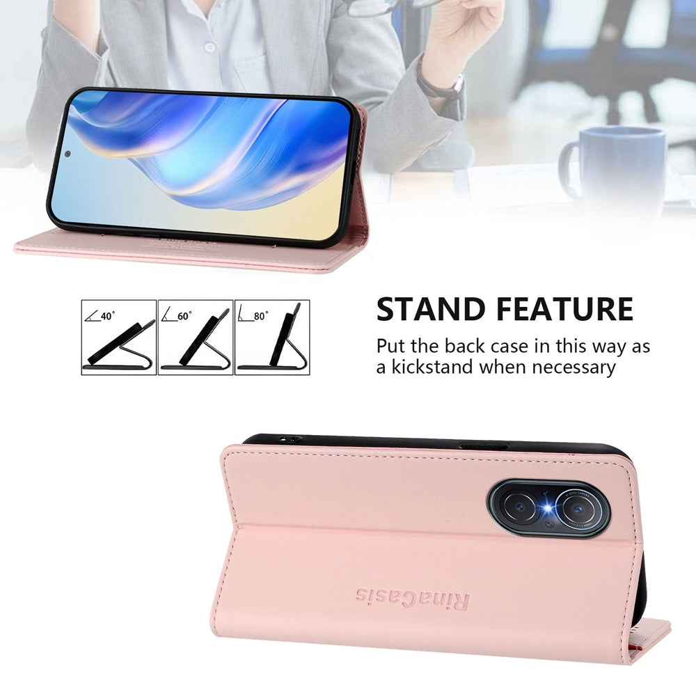 Honor 50 SE Dual-Folded Magnetic Suction RFID Blocking PU Leather Wallet Phone Case with Card Slots, Cash Pocket, Kickstand, Full Protective Flip Cover