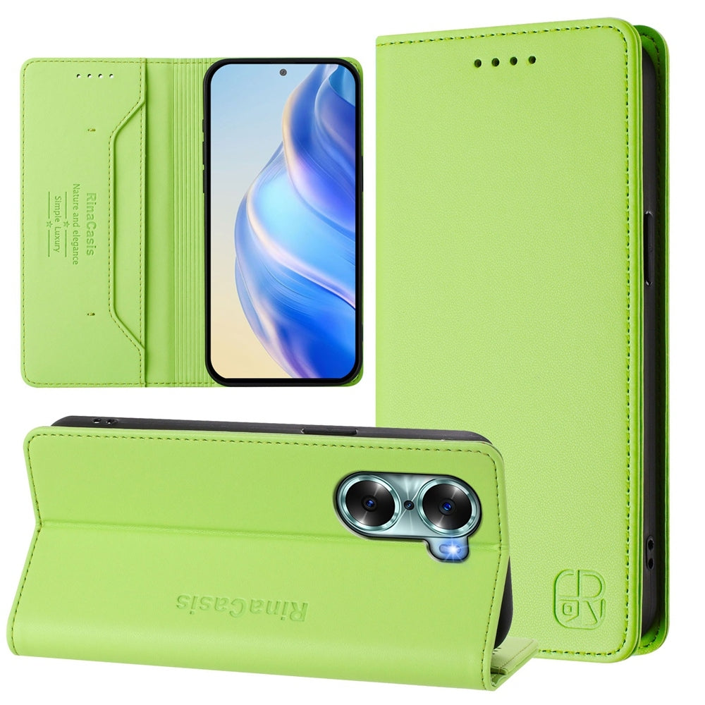 Honor 60 Dual-Folded Magnetic Suction RFID Blocking PU Leather Wallet Phone Case with Card Slots, Cash Pocket, Kickstand, Full Protective Flip Cover