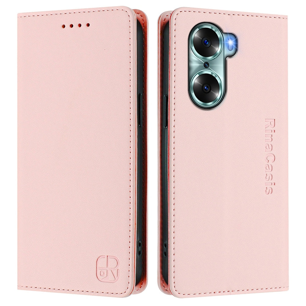 Honor 60 Dual-Folded Magnetic Suction RFID Blocking PU Leather Wallet Phone Case with Card Slots, Cash Pocket, Kickstand, Full Protective Flip Cover