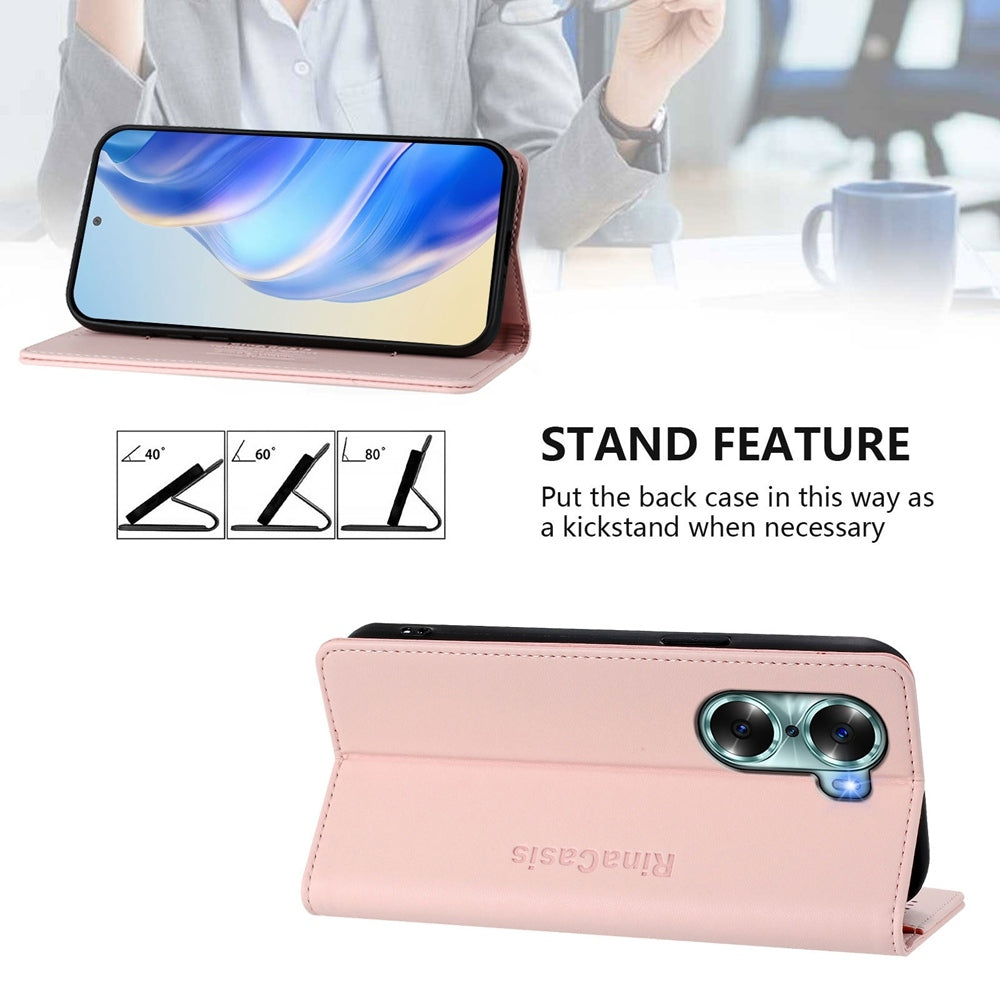 Honor 60 Dual-Folded Magnetic Suction RFID Blocking PU Leather Wallet Phone Case with Card Slots, Cash Pocket, Kickstand, Full Protective Flip Cover