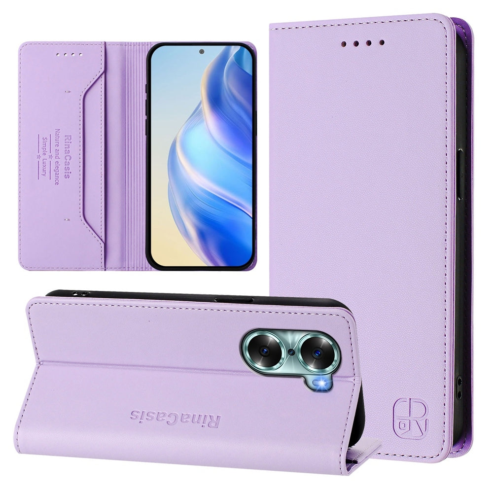 Honor 60 Dual-Folded Magnetic Suction RFID Blocking PU Leather Wallet Phone Case with Card Slots, Cash Pocket, Kickstand, Full Protective Flip Cover