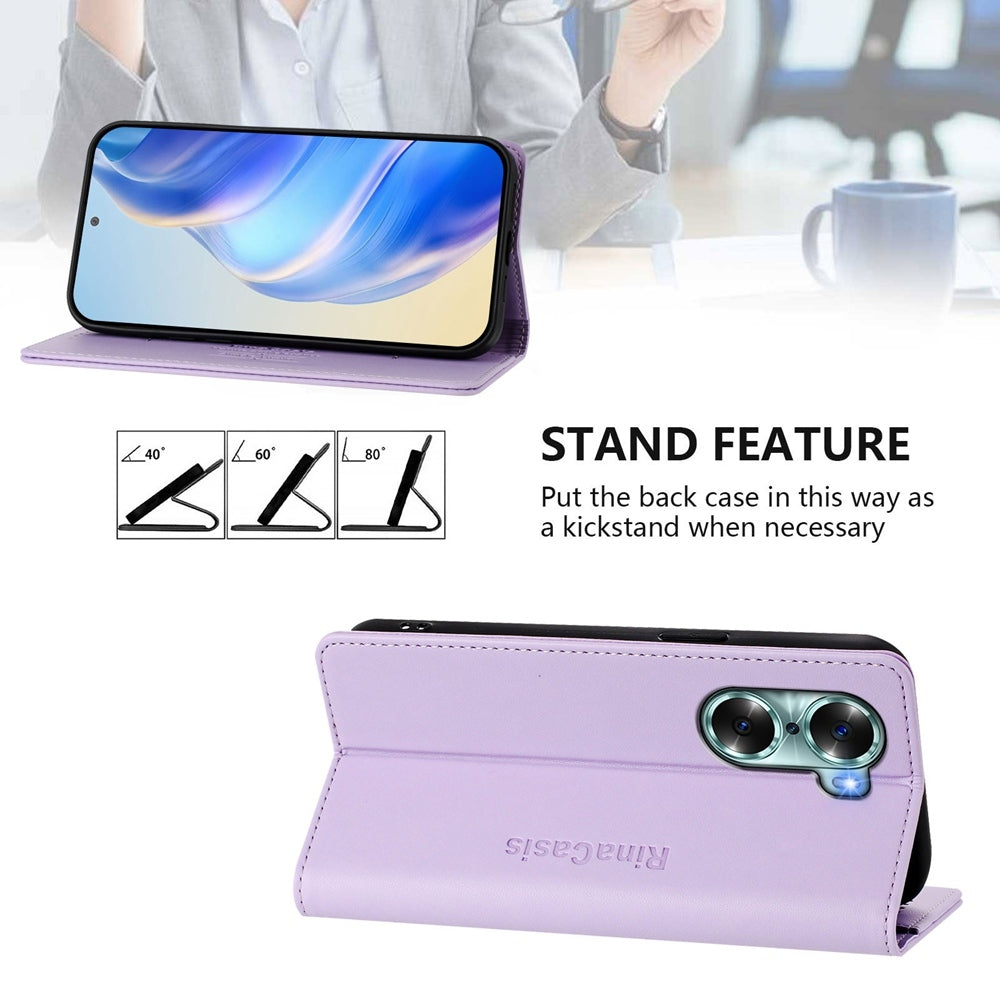 Honor 60 Dual-Folded Magnetic Suction RFID Blocking PU Leather Wallet Phone Case with Card Slots, Cash Pocket, Kickstand, Full Protective Flip Cover