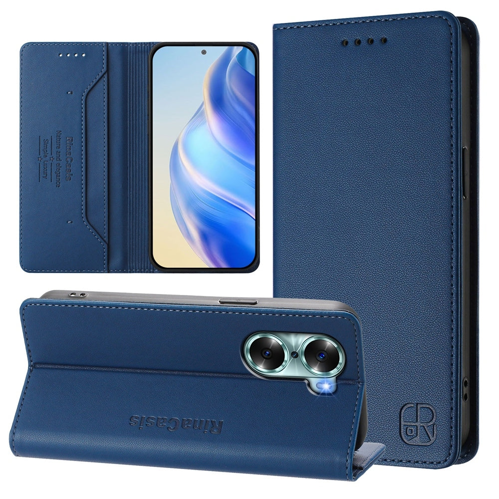 Honor 60 Dual-Folded Magnetic Suction RFID Blocking PU Leather Wallet Phone Case with Card Slots, Cash Pocket, Kickstand, Full Protective Flip Cover