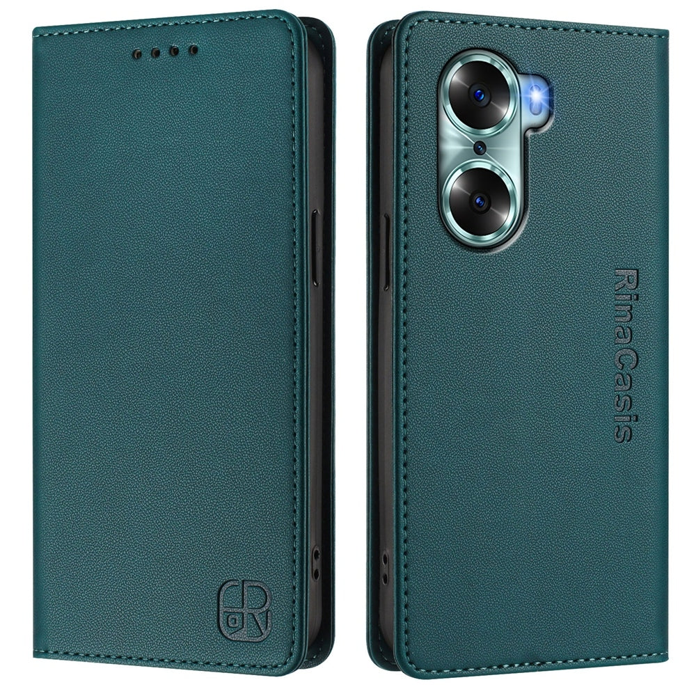 Honor 60 Dual-Folded Magnetic Suction RFID Blocking PU Leather Wallet Phone Case with Card Slots, Cash Pocket, Kickstand, Full Protective Flip Cover