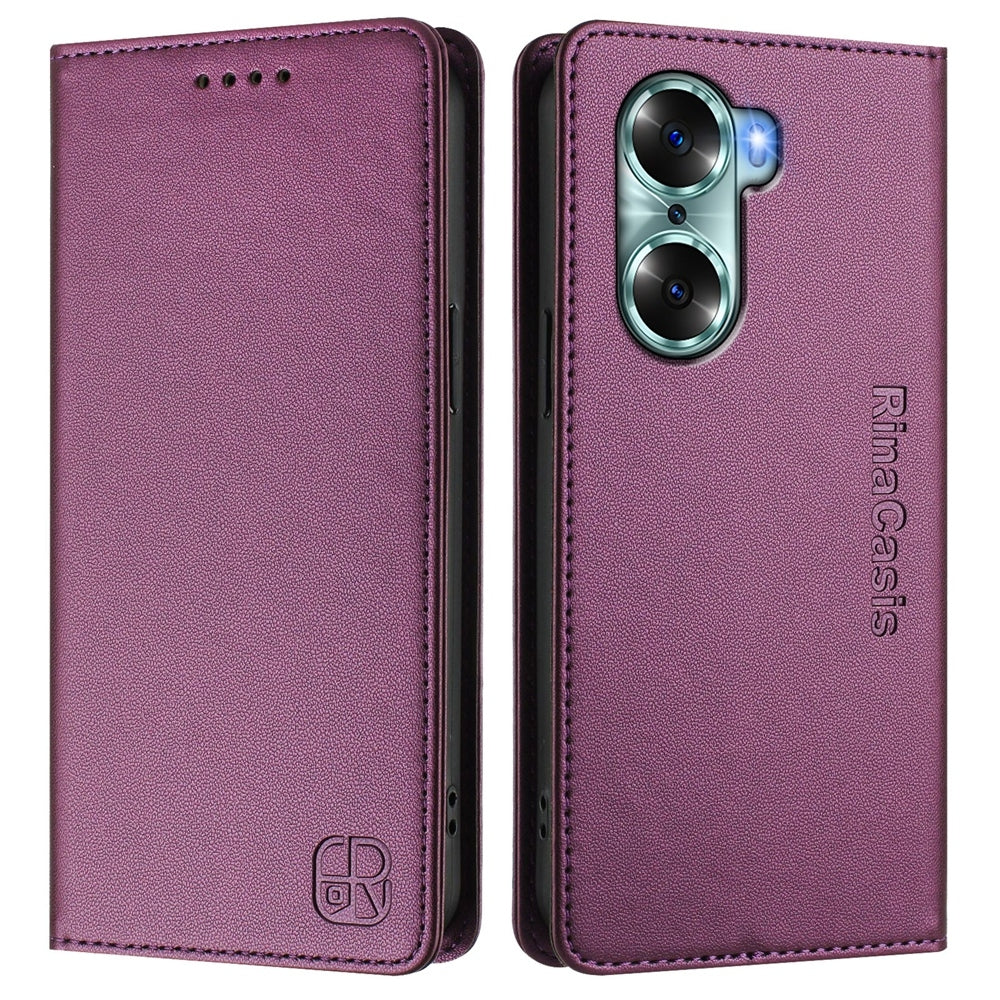Honor 60 Dual-Folded Magnetic Suction RFID Blocking PU Leather Wallet Phone Case with Card Slots, Cash Pocket, Kickstand, Full Protective Flip Cover