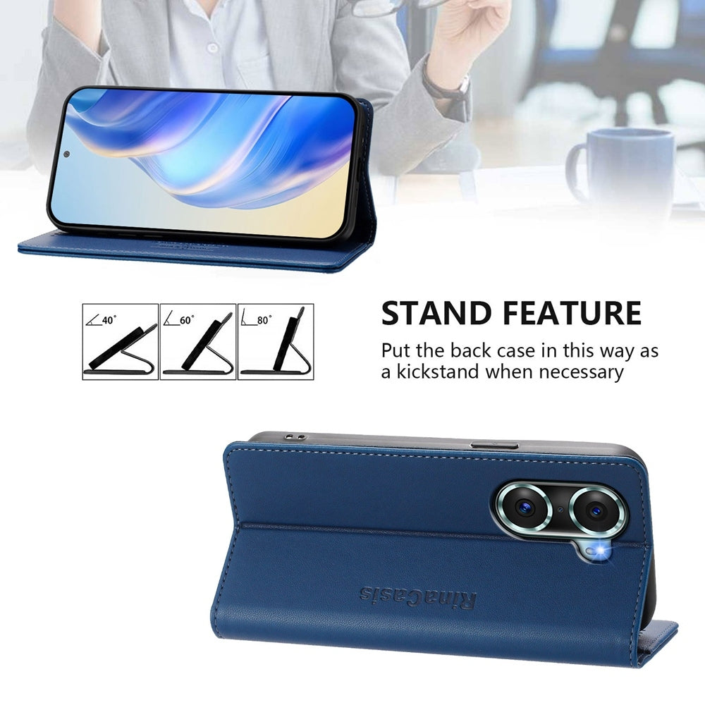 Honor 60 Pro Dual-Folded Magnetic Suction RFID Blocking PU Leather Wallet Phone Case with Card Slots, Cash Pocket, Kickstand, Full Protective Flip Cover