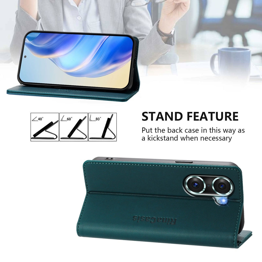 Honor 60 Pro Dual-Folded Magnetic Suction RFID Blocking PU Leather Wallet Phone Case with Card Slots, Cash Pocket, Kickstand, Full Protective Flip Cover