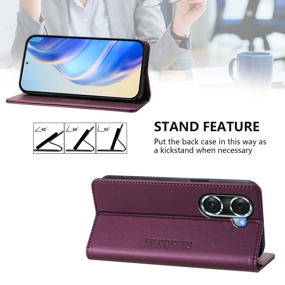 Honor 60 Pro Dual-Folded Magnetic Suction RFID Blocking PU Leather Wallet Phone Case with Card Slots, Cash Pocket, Kickstand, Full Protective Flip Cover