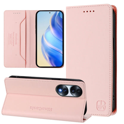 Honor 70 Dual-Folded Magnetic Suction RFID Blocking PU Leather Wallet Phone Case with Card Slots, Cash Pocket, Kickstand, Full Protective Flip Cover