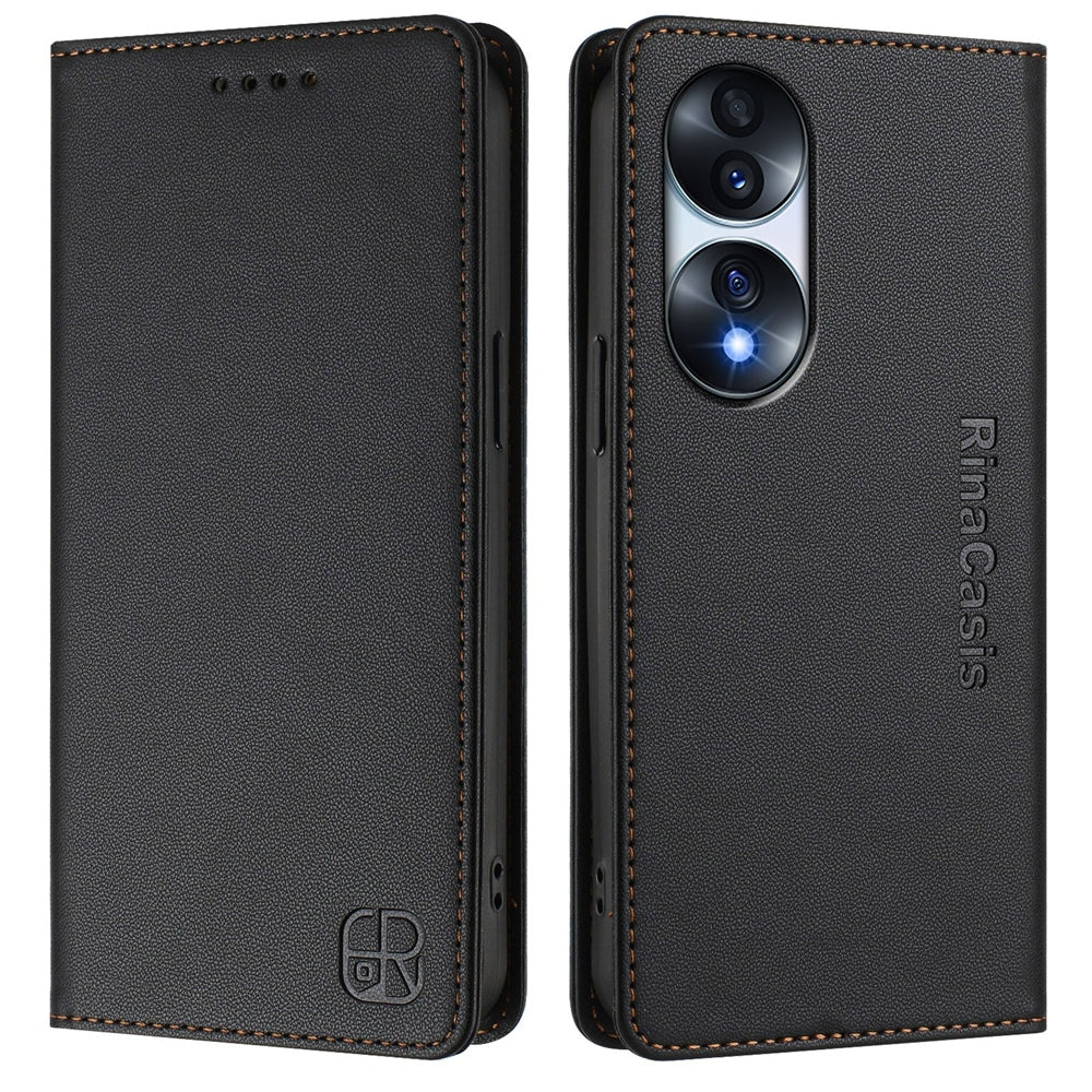 Honor 70 Dual-Folded Magnetic Suction RFID Blocking PU Leather Wallet Phone Case with Card Slots, Cash Pocket, Kickstand, Full Protective Flip Cover