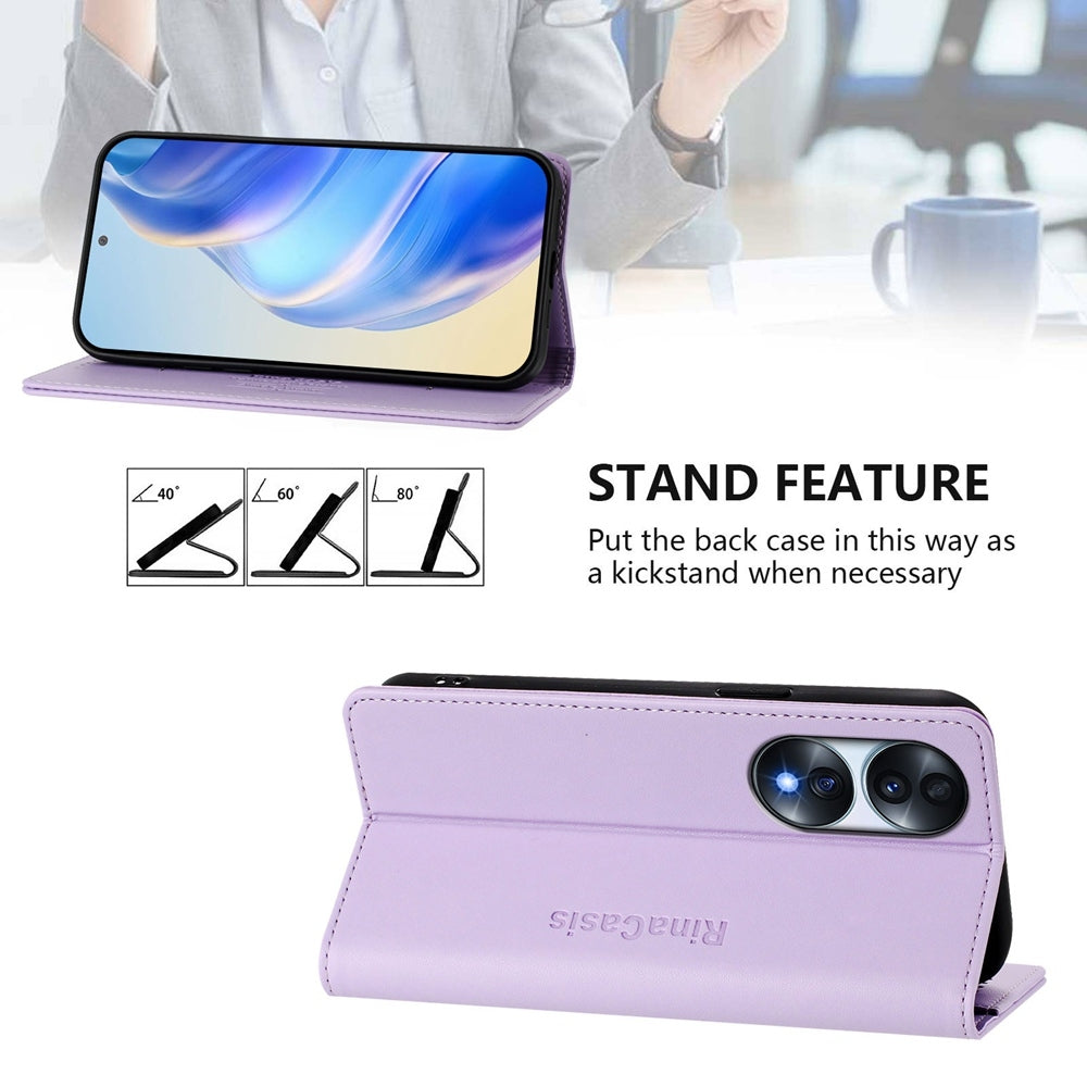 Honor 70 Dual-Folded Magnetic Suction RFID Blocking PU Leather Wallet Phone Case with Card Slots, Cash Pocket, Kickstand, Full Protective Flip Cover