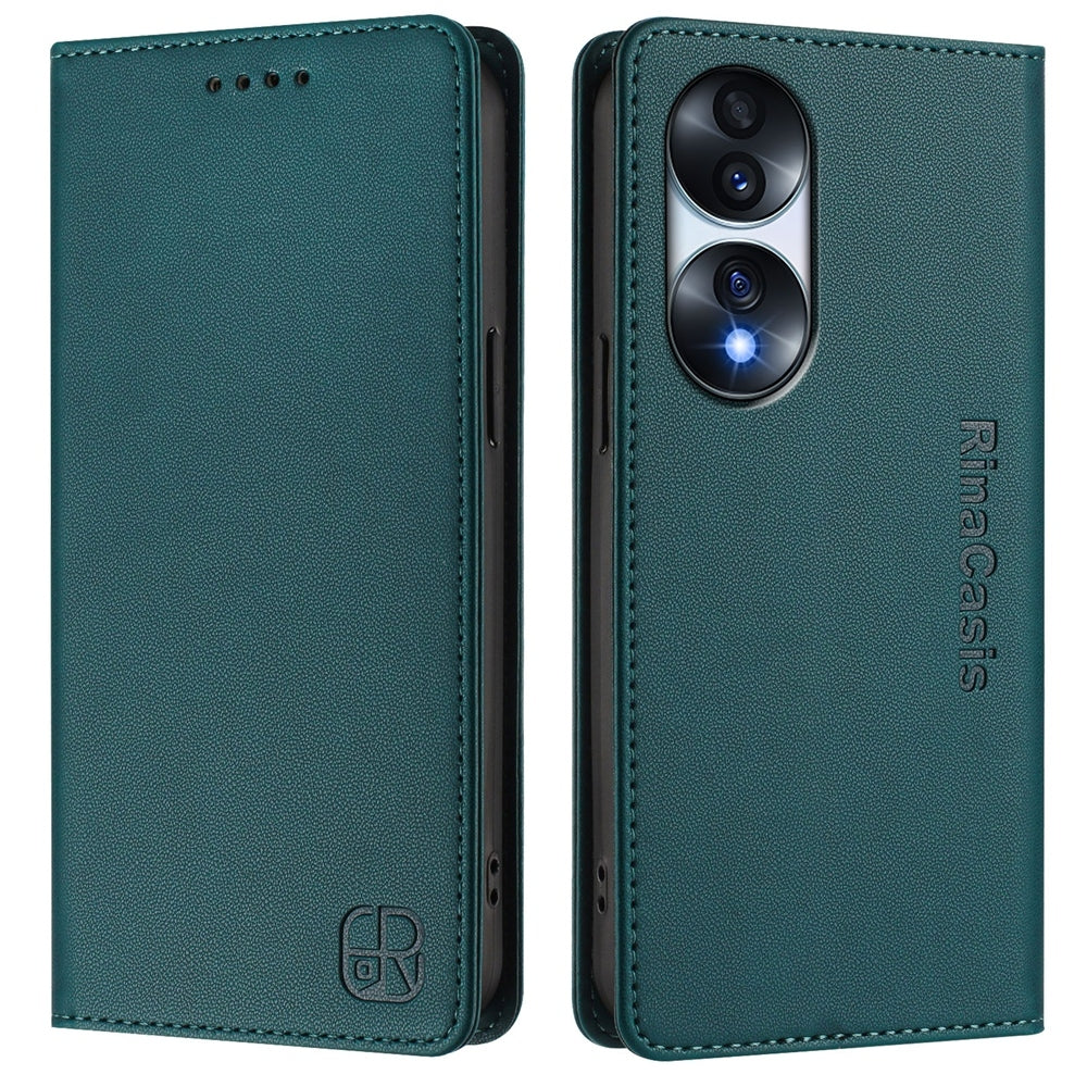 Honor 70 Dual-Folded Magnetic Suction RFID Blocking PU Leather Wallet Phone Case with Card Slots, Cash Pocket, Kickstand, Full Protective Flip Cover