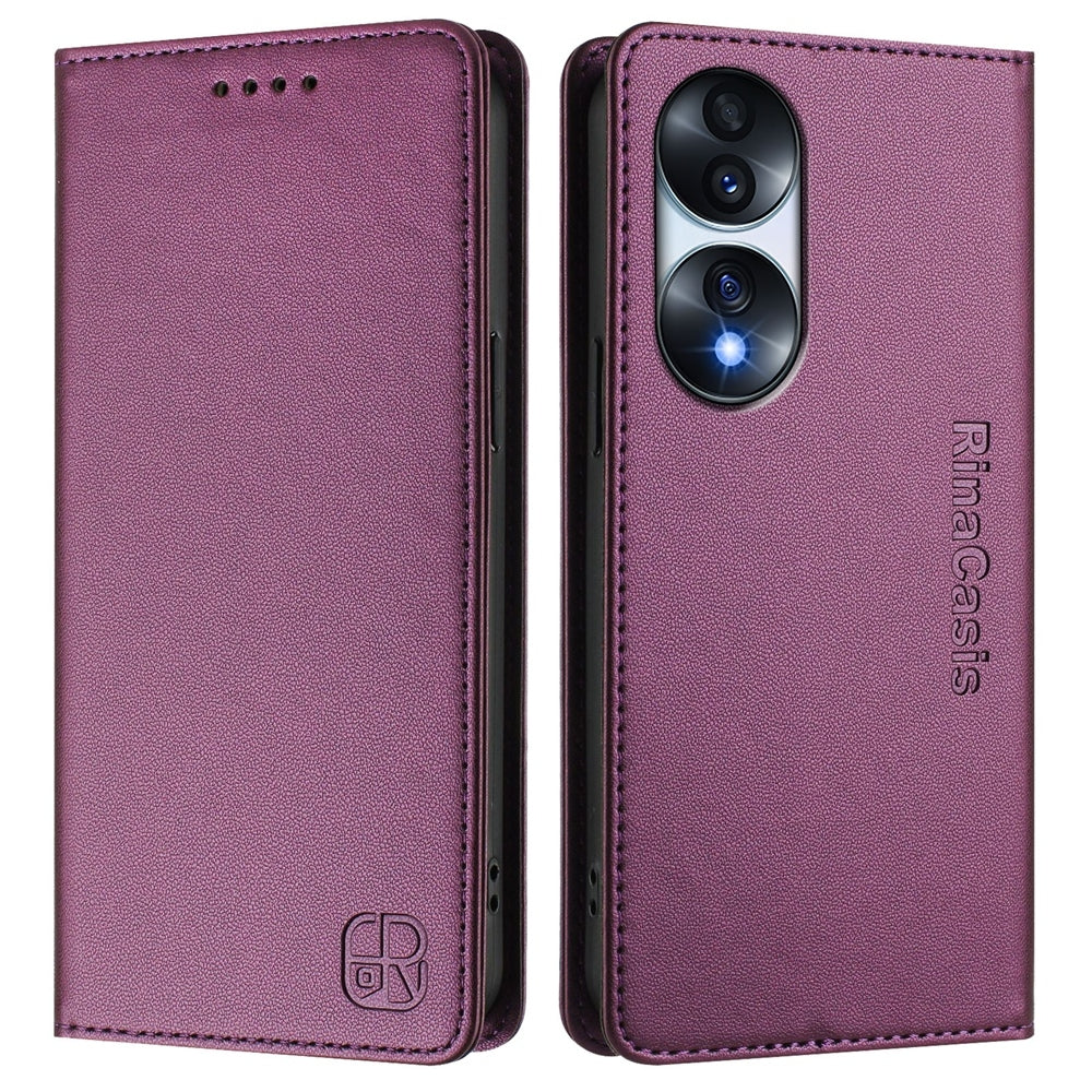 Honor 70 Dual-Folded Magnetic Suction RFID Blocking PU Leather Wallet Phone Case with Card Slots, Cash Pocket, Kickstand, Full Protective Flip Cover