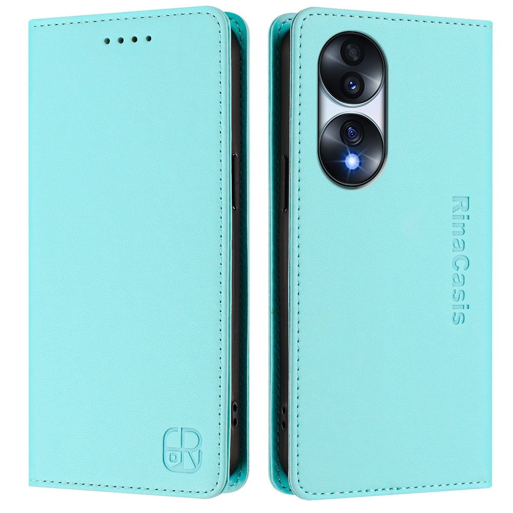 Honor 70 Pro Dual-Folded Magnetic Suction RFID Blocking PU Leather Wallet Phone Case with Card Slots, Cash Pocket, Kickstand, Full Protective Flip Cover