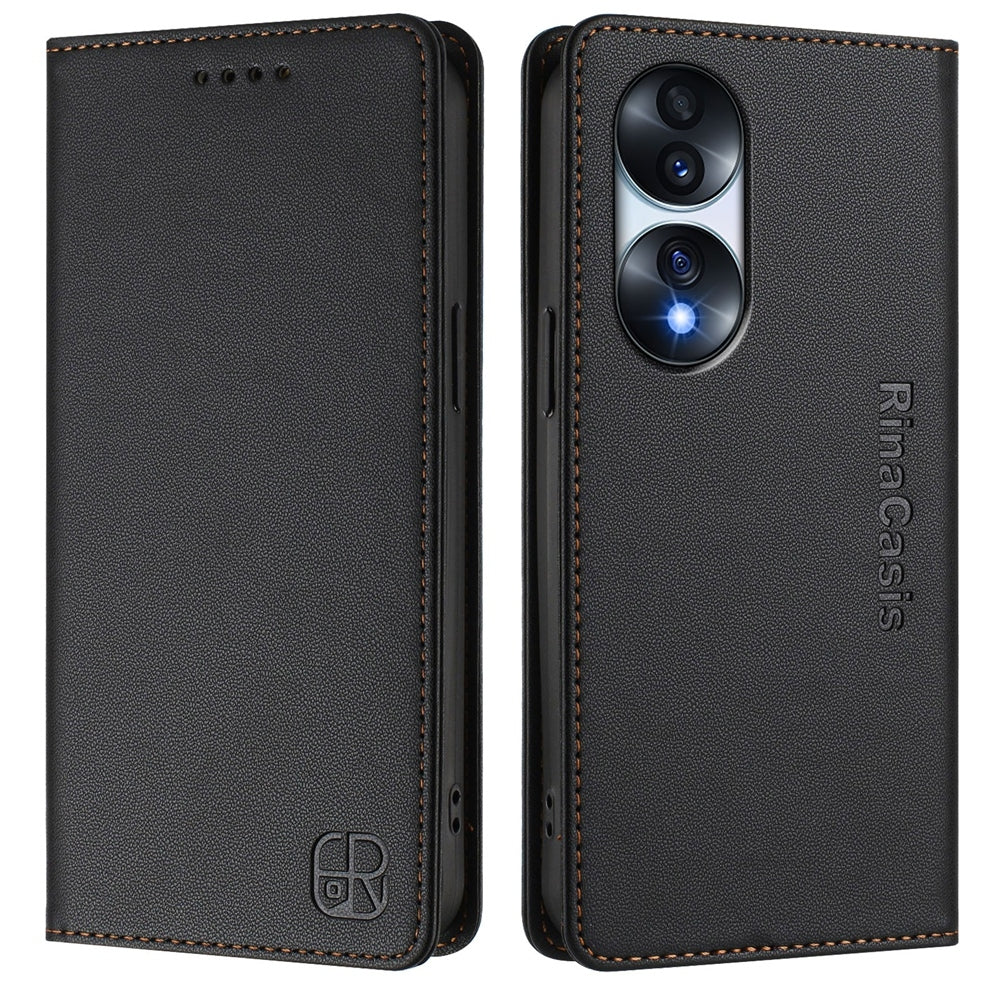 Honor 70 Pro Dual-Folded Magnetic Suction RFID Blocking PU Leather Wallet Phone Case with Card Slots, Cash Pocket, Kickstand, Full Protective Flip Cover