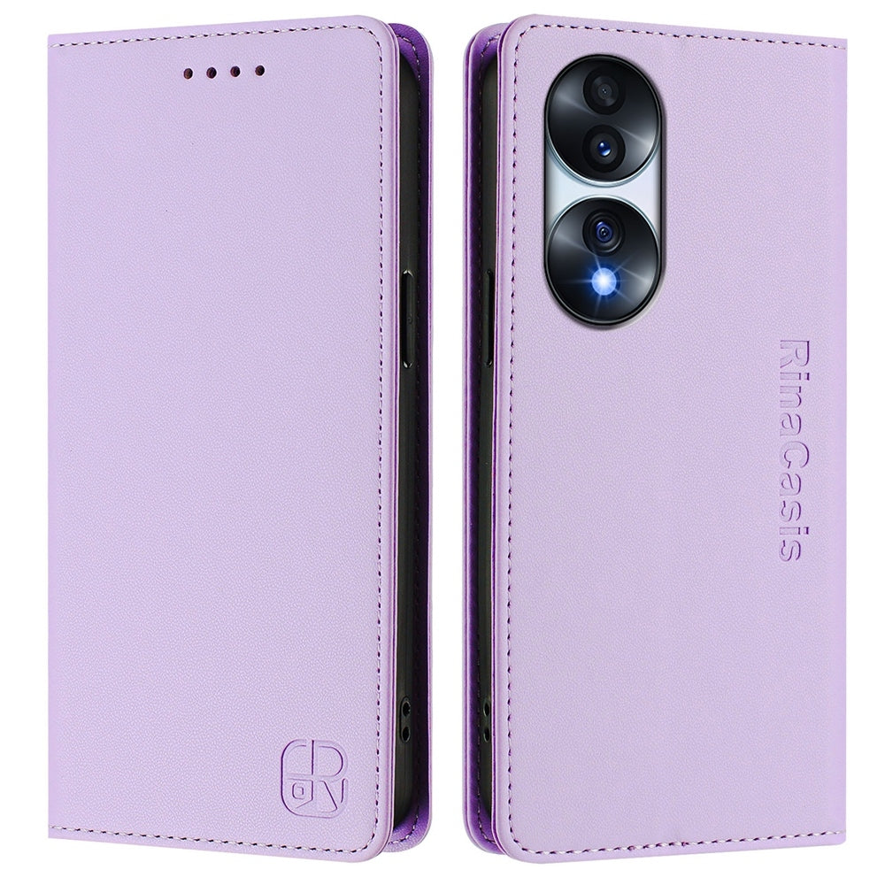 Honor 70 Pro Dual-Folded Magnetic Suction RFID Blocking PU Leather Wallet Phone Case with Card Slots, Cash Pocket, Kickstand, Full Protective Flip Cover