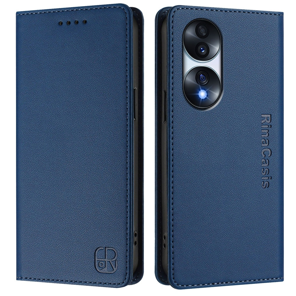 Honor 70 Pro Dual-Folded Magnetic Suction RFID Blocking PU Leather Wallet Phone Case with Card Slots, Cash Pocket, Kickstand, Full Protective Flip Cover