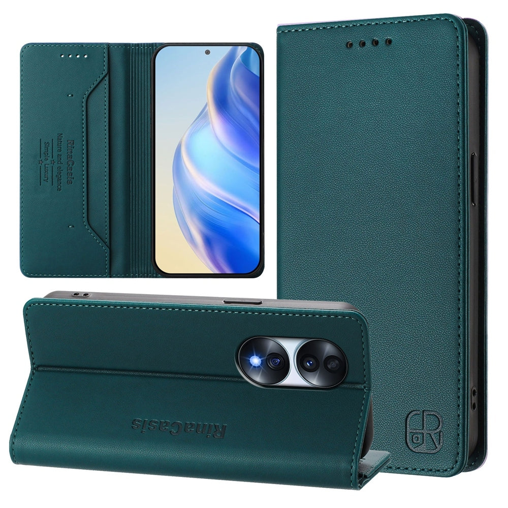 Honor 70 Pro Dual-Folded Magnetic Suction RFID Blocking PU Leather Wallet Phone Case with Card Slots, Cash Pocket, Kickstand, Full Protective Flip Cover