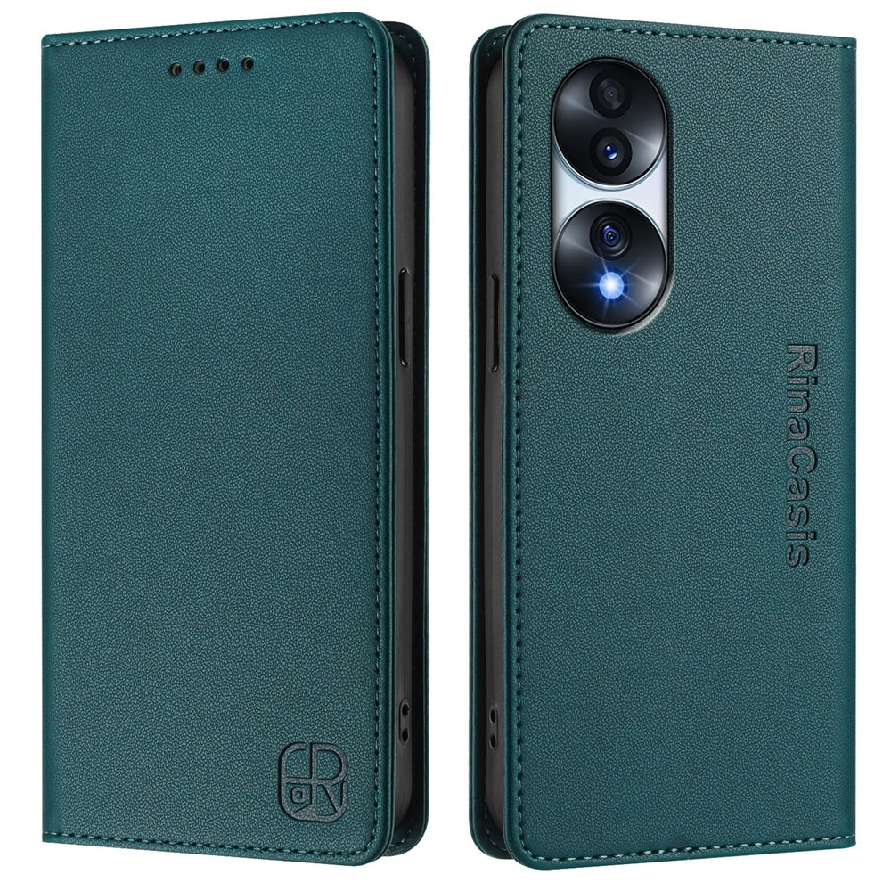 Honor 70 Pro Dual-Folded Magnetic Suction RFID Blocking PU Leather Wallet Phone Case with Card Slots, Cash Pocket, Kickstand, Full Protective Flip Cover