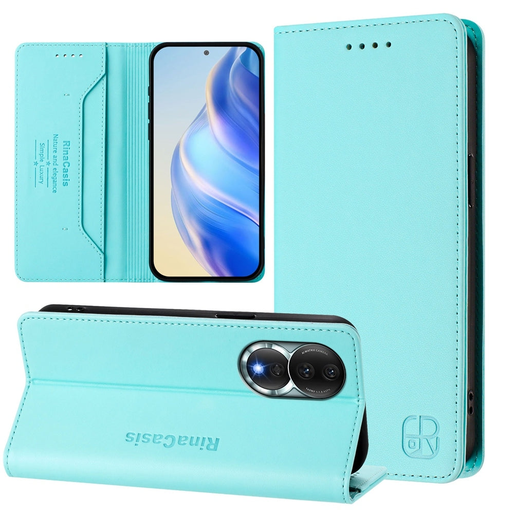 Honor 80 Dual-Folded Magnetic Suction RFID Blocking PU Leather Wallet Phone Case with Card Slots, Cash Pocket, Kickstand, Full Protective Flip Cover