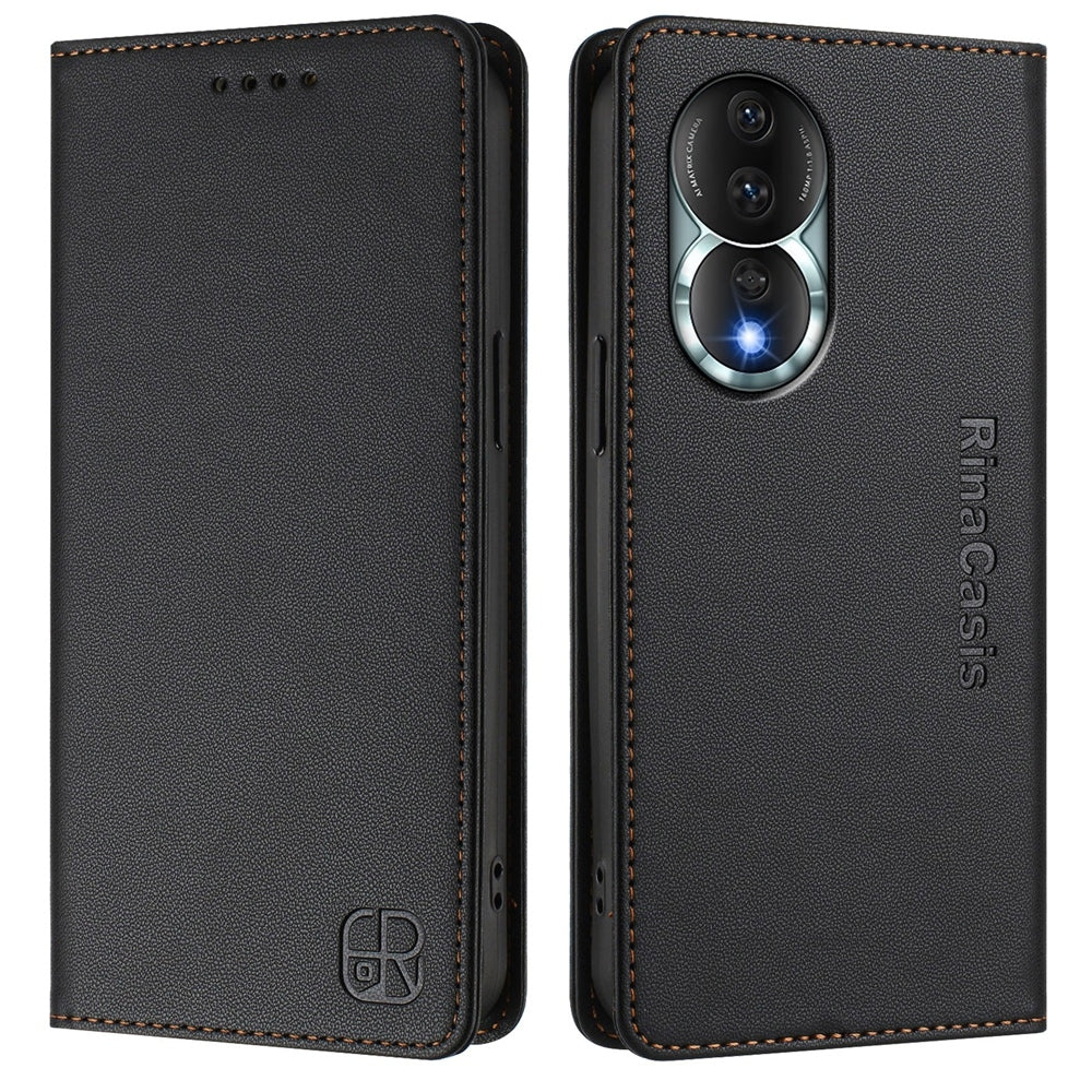 Honor 80 Dual-Folded Magnetic Suction RFID Blocking PU Leather Wallet Phone Case with Card Slots, Cash Pocket, Kickstand, Full Protective Flip Cover