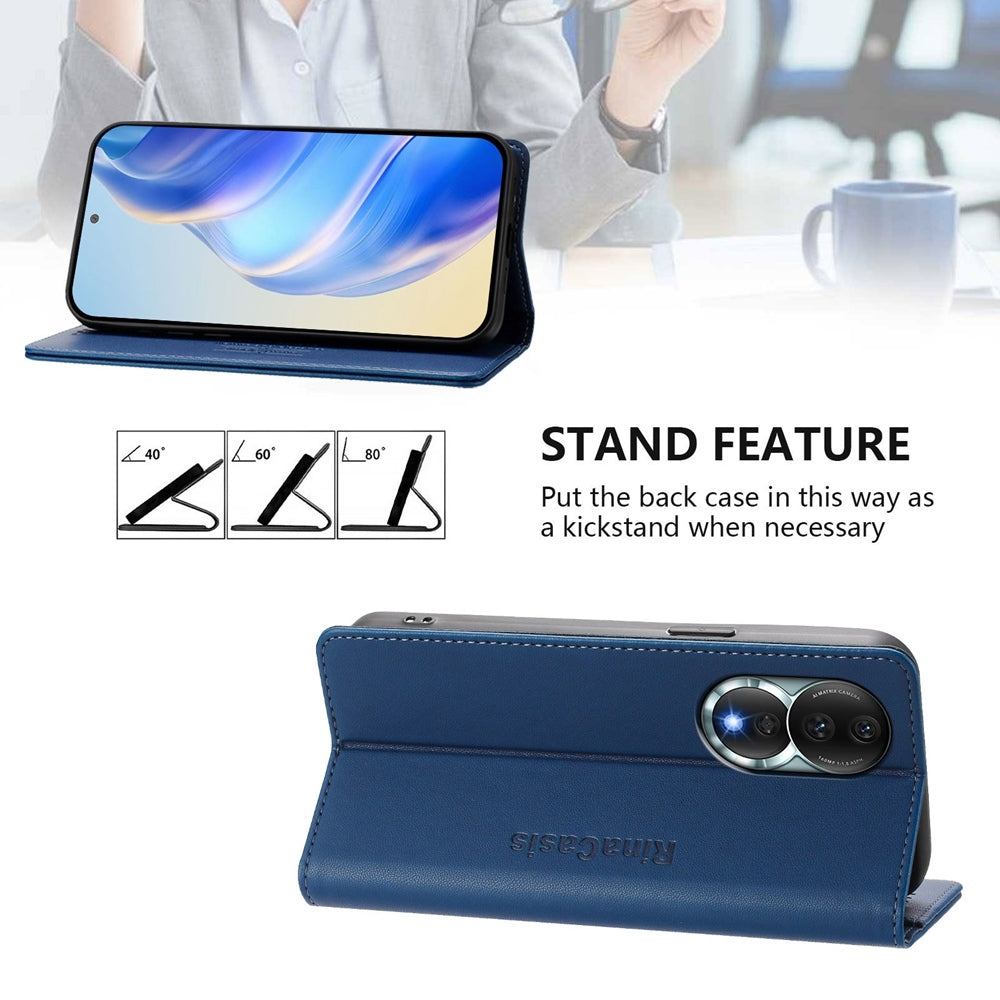 Honor 80 Dual-Folded Magnetic Suction RFID Blocking PU Leather Wallet Phone Case with Card Slots, Cash Pocket, Kickstand, Full Protective Flip Cover