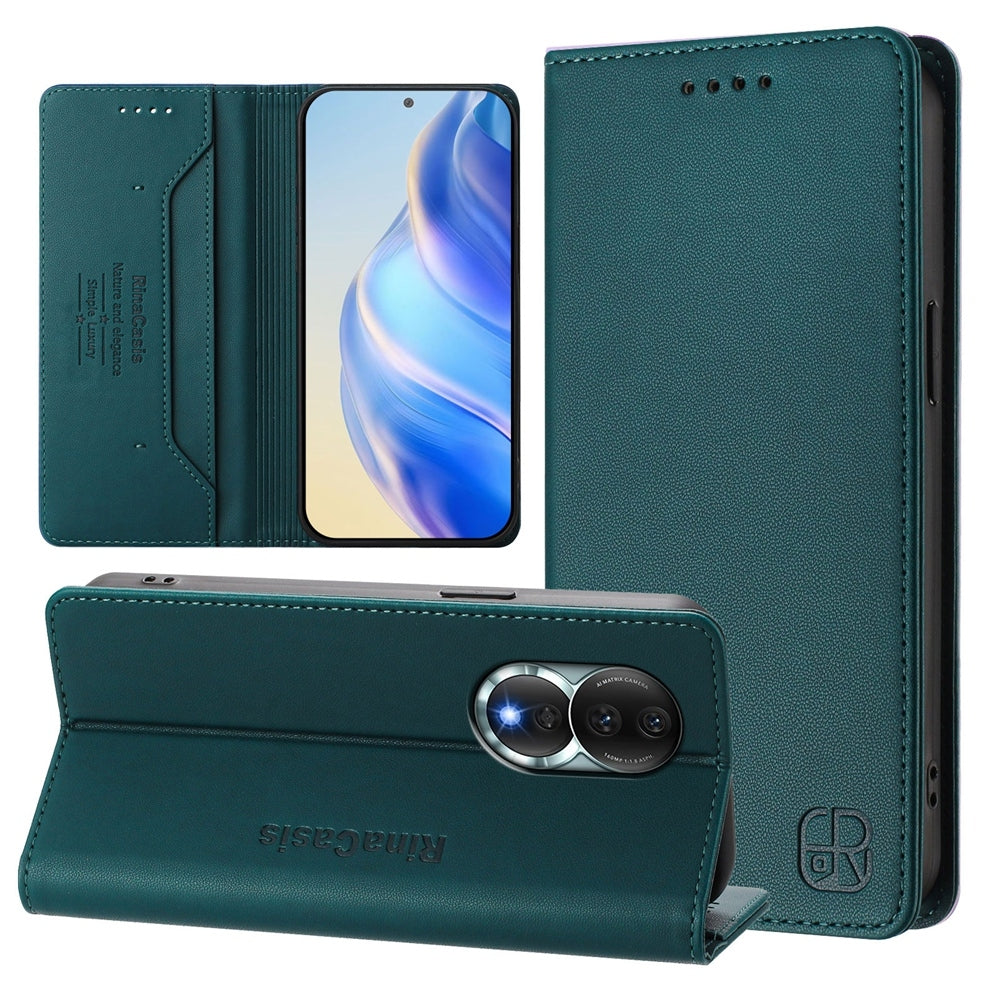 Honor 80 Dual-Folded Magnetic Suction RFID Blocking PU Leather Wallet Phone Case with Card Slots, Cash Pocket, Kickstand, Full Protective Flip Cover