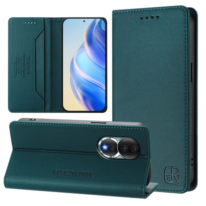 Honor 80 Dual-Folded Magnetic Suction RFID Blocking PU Leather Wallet Phone Case with Card Slots, Cash Pocket, Kickstand, Full Protective Flip Cover