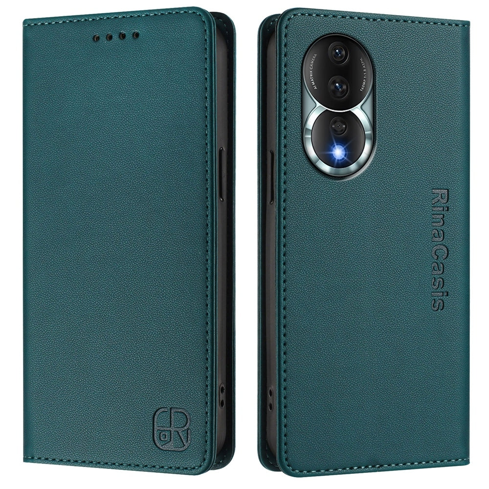 Honor 80 Dual-Folded Magnetic Suction RFID Blocking PU Leather Wallet Phone Case with Card Slots, Cash Pocket, Kickstand, Full Protective Flip Cover