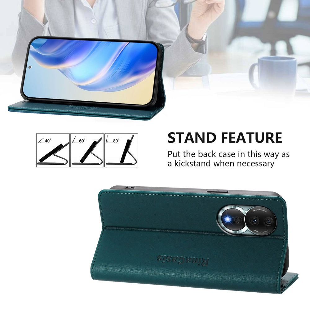 Honor 80 Dual-Folded Magnetic Suction RFID Blocking PU Leather Wallet Phone Case with Card Slots, Cash Pocket, Kickstand, Full Protective Flip Cover