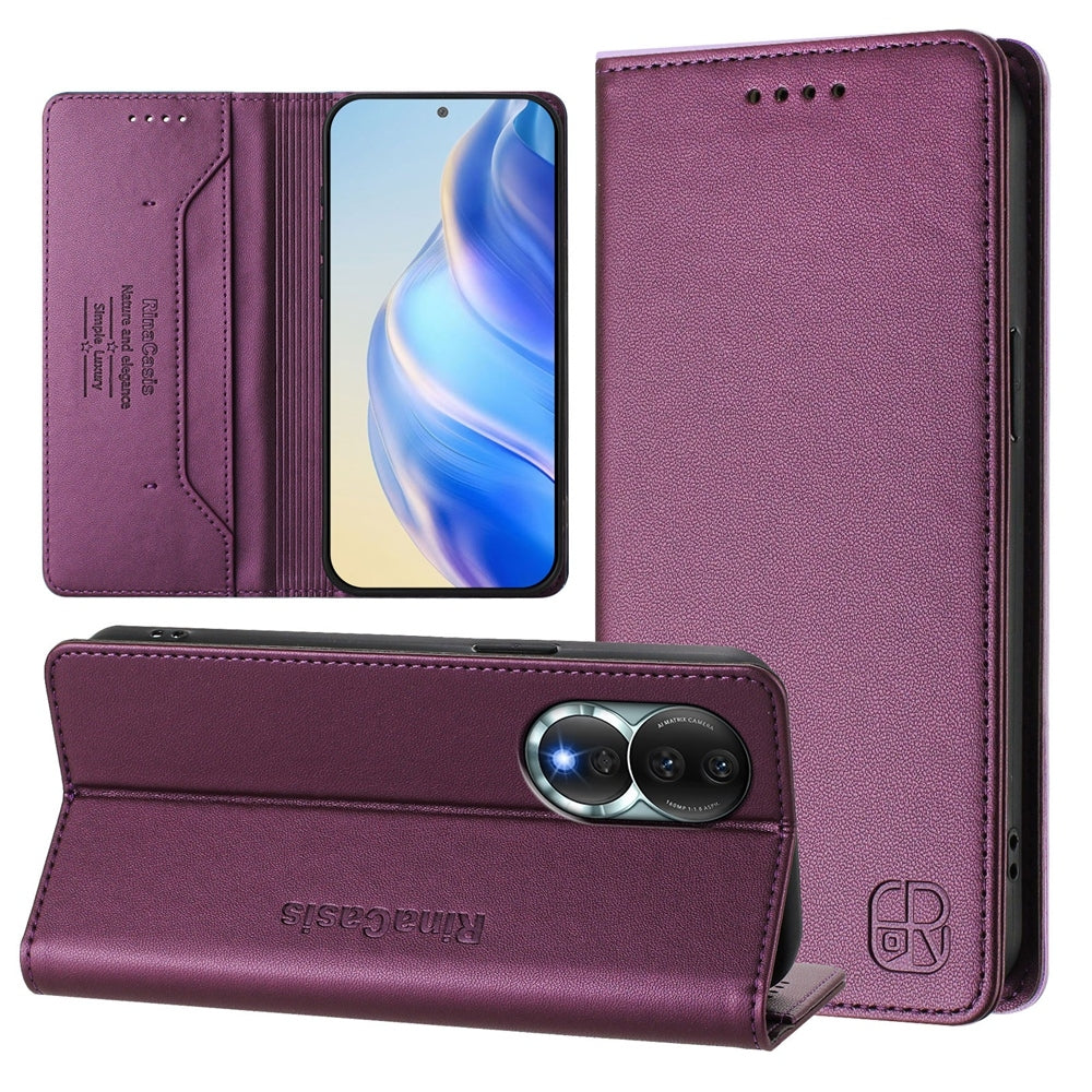 Honor 80 Dual-Folded Magnetic Suction RFID Blocking PU Leather Wallet Phone Case with Card Slots, Cash Pocket, Kickstand, Full Protective Flip Cover